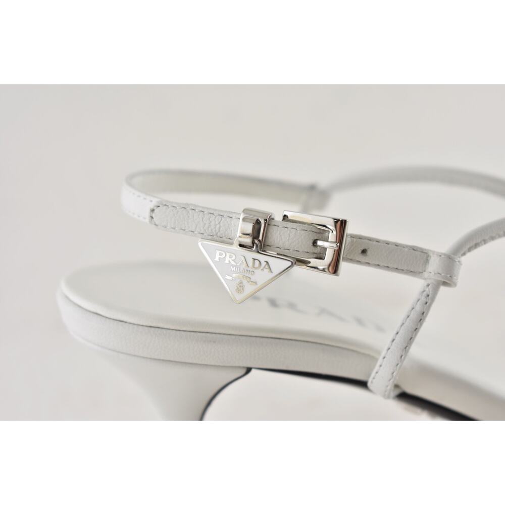 Prada Capretto Strappy 55mm White Leather Slingback Sandal Mule Kitten Heel 38 - Picture 6 of 16